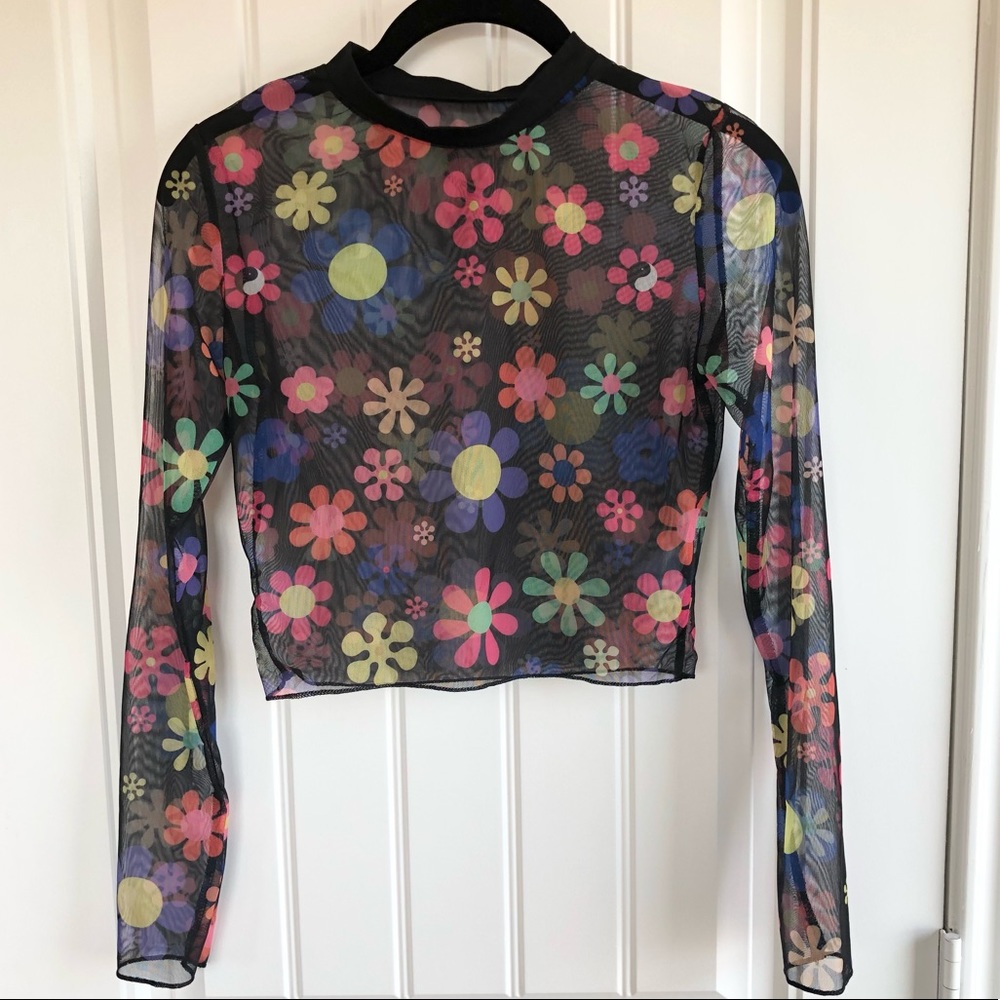 Sheer mesh flower child long sleeve crop top